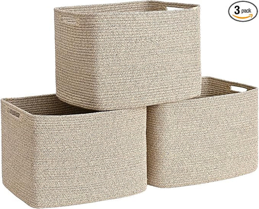 3 Pack Cube Storage Bin, 17”x12”x12” Cotton Rope Woven Baskets for Organizing Toys Clothes Towels, Square Gift Storage Baskets for Shelves, Nursery, Closet, Bathroom, Pantry (Jute)