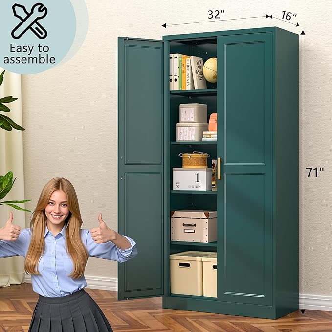 71" Tall Green Metal Storage Cabinet with Doors, Heavy Duty | Freestanding Steel Kitchen Pantry Cabinet, 4 Adjustable Shelves (180 Lbs Load), Tall Cabinets for Home, Laundry and Bathroom