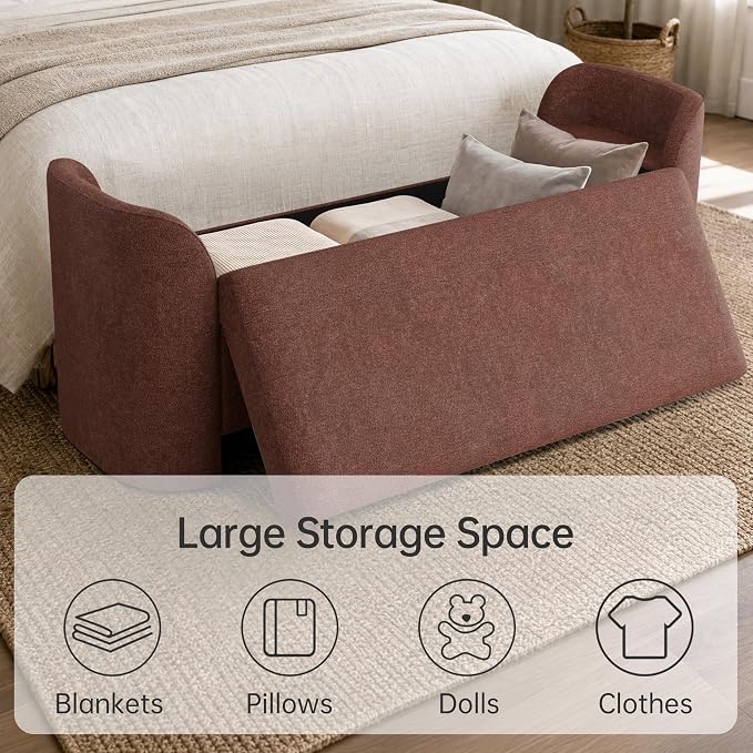 Usaint 58.3" Upholstered Storage Ottoman Bench with 2 Pillows, Rusty Red | End of Bed Bench with Curved Arms and Thickened Seat Cushion for Bedroom, Livingroom, Window, Entryway and Dressing Areas