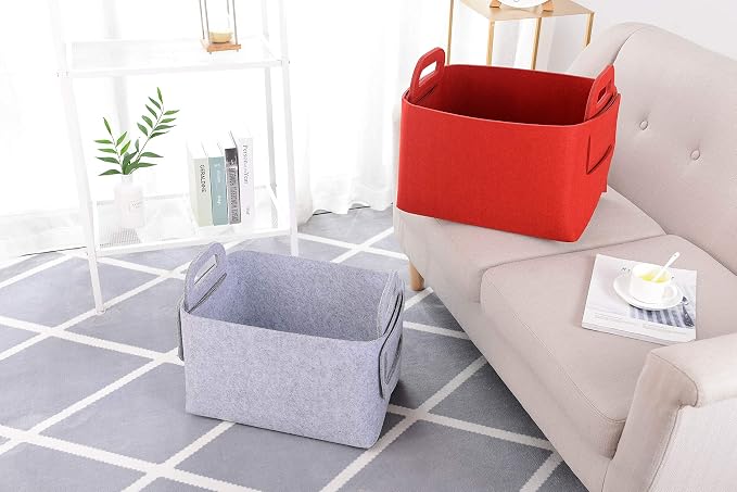 Minoisome Storage Basket Felt Storage Bin Collapsible& Convenient Box Organizer with Carry Handles for Office Bedroom Closet Babies Nursery Toys Laundry (Red, 15.7inch（L）×11inch（W）×10inch（H）)