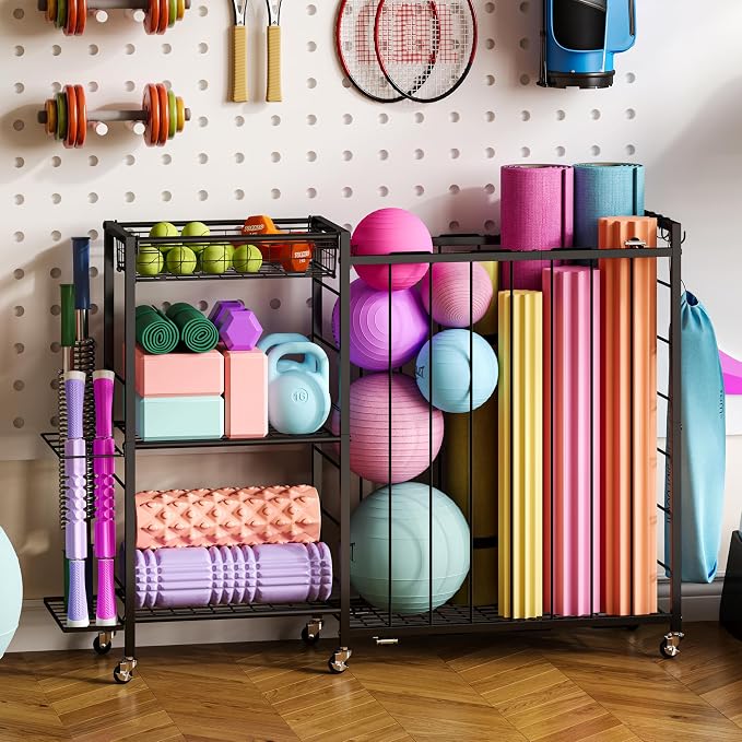 Ball Storage with Elastic Rope for Sports and Outdoors, Garage Organization with Wheels for Sports Gear and Toys, Large-Capacity Sports Equipment Organizer with Baseball Bat Holder and Basketball Rack