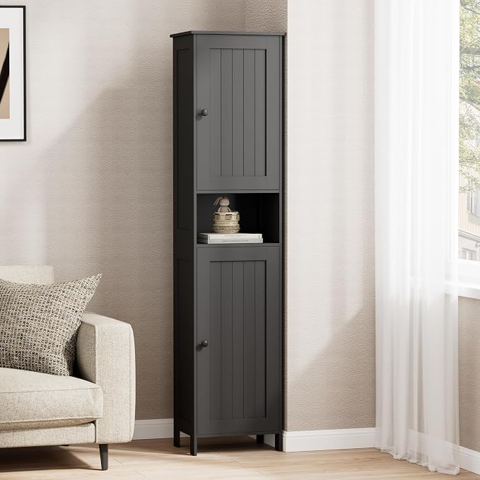 Homleke Tall Bathroom Storage Cabinet with 2 Doors, Slim Bathroom Cabinet | Narrow Storage Cabinet with Adjustable Shelves, Anti-Tip Design, Reversible Door, Easy Assembly, Black, 15.7''W