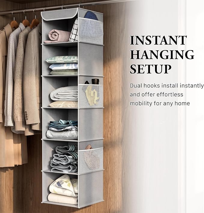 Simple Houseware 6 Shelf Hanging Closet Organizer, Gray | 360° Rotating Dual Hooks, Top Support Metal Frame, 6 Side Mesh Pockets