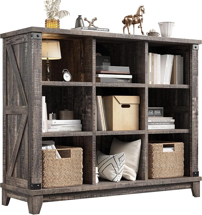 EnHomee Farmhouse 9-Cube Storage Organizer for Living Room, Black Oak | Home Organization Lovers, Wood & Metal, Holds 386 Lbs, Anti-Tip & Stabilizers