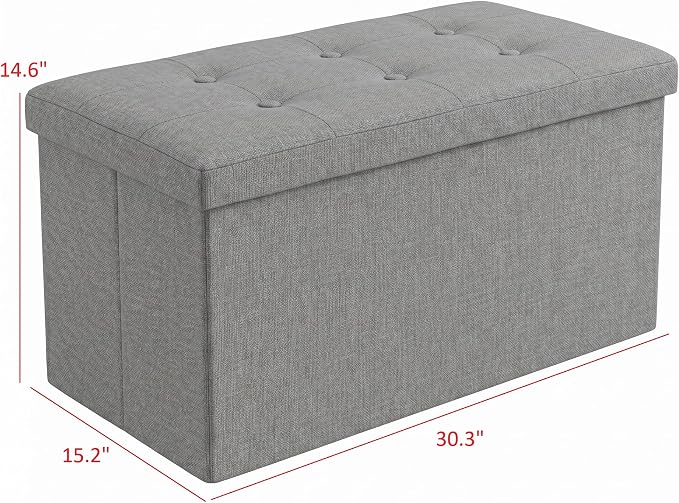 HOME DESIGN Florence 30" Upholstered Folding Storage Ottoman Bench, Tufted Top, Space-Saving Storage, Gray Linen Fabric