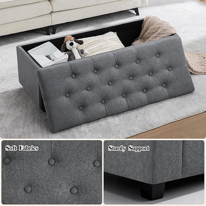 43" Ottoman with Storage and Sturdy Metal Frame, Tufted Upholstered Storage Bench, Modern Footboard Hideaway Chest with Removable Lid and Footrest for Living Room, Entryway (Dark Gray)