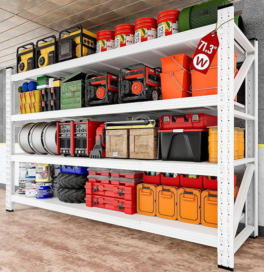 71.3" Wide Heavy Duty Garage Shelving Units,5000LBS Deep Storage Shelves,White Metal Garage Shelves,Steel Shelf,Large Storage Rack,Industrial Shelving for Shop,Warehouse,Basement,71.3"W x 24"D x 70"H