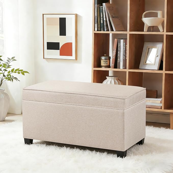 Adeco 31 Inches Storage Ottoman Bench, Non-Folding End of Bed Foot Rest Stools Ottoman with Thicker Foam Padded Seat, Upholstered Storage Chest for Living Room, Entryway, Bedroom