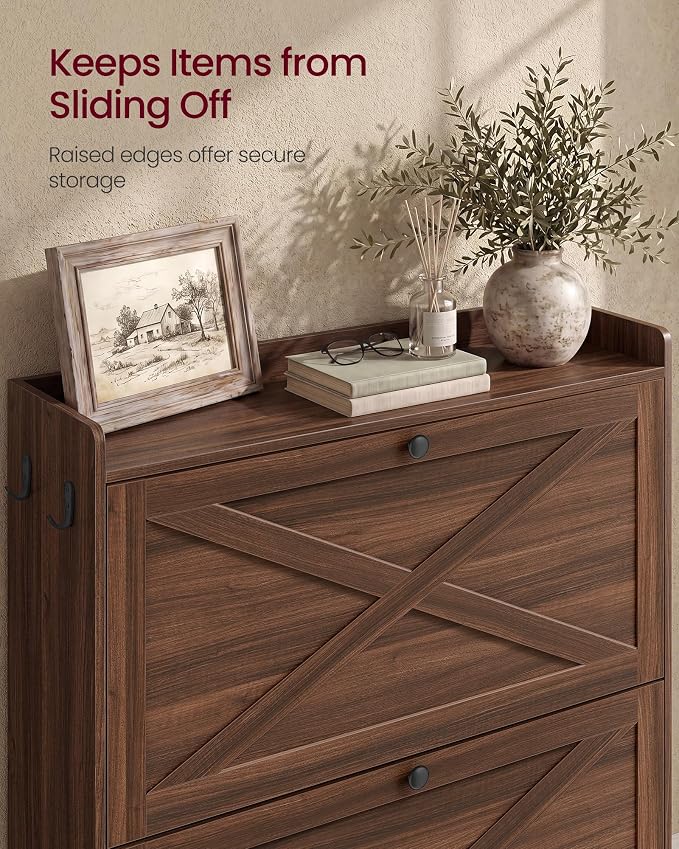 VASAGLE Shoe Storage Cabinet Organizer with 2 Flip Drawers, Freestanding Narrow Shoe Rack Cabinet for Entryway, Farmhouse Style, Fits 14 to 16 Pairs, Chestnut Walnut UHSC203KX01