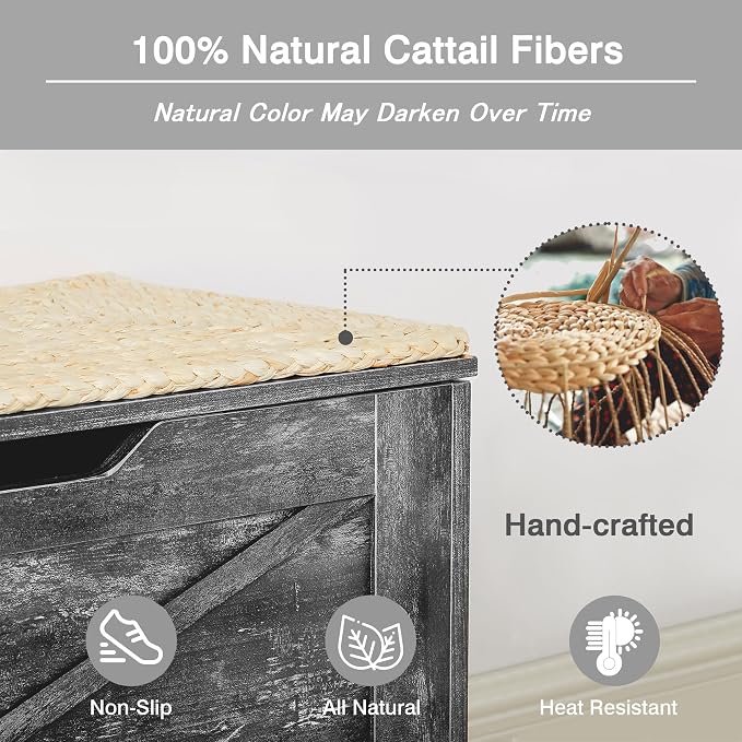 VECELO 30" Storage Chest with Lift Top Storage, Farmhouse Style Ottoman with Handwoven Wicker Cushion, Safety Hinges, Ideal for Entryway, Bedroom, Living Room, Coal Gray