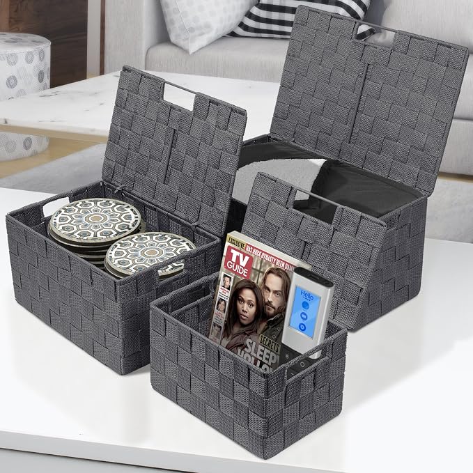Sorbus Set of 3 Hand-Woven Storage Baskets with Lids – Mesh Organizers for Linen Closet, Shelves, or Home Storage – Variety Pack (Gray)