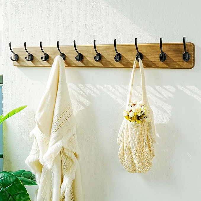 Coat Rack Wall: 38-1/4" Long, Patented, Heavy-Duty, 10-Double-Hooks Wooden Wall Mounted Coat Rack Coat Hanger Hook Rail for Winter Coats Hat Jacket Clothing, Weathered Brown