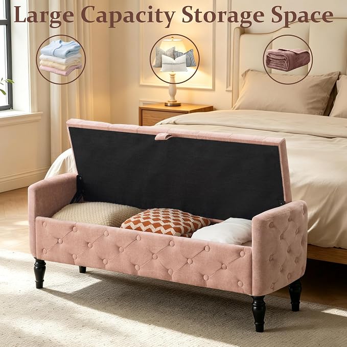 Royal Windsor 48" Ottoman with Storage,Tufted Storage Bench with Safety Hinge,Holds up to 350 lb,Black Wood Legs,Upholstered Bench with Arms for Bedroom,Living Room,Entryway,Linen Pink