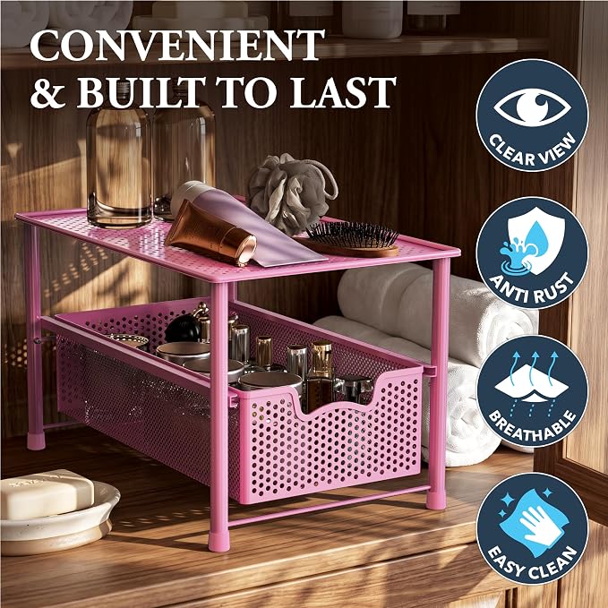 Simple Houseware Stackable Under Sink Sliding Basket Drawer, Pink | Perforated Free Standing Organizer, Kitchen/Pantry/Cabinet/Counter