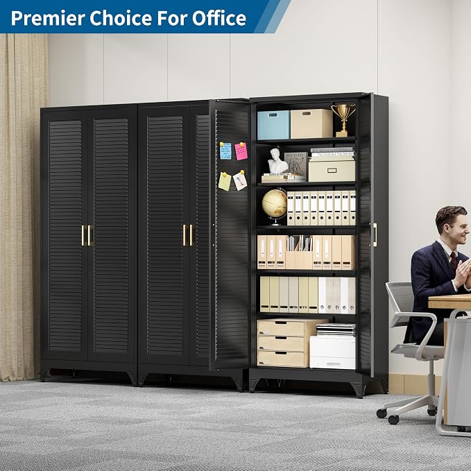 75" Tall Black Metal Storage Cabinet with Doors, Heavy Duty | Freestanding Louvered Door Kitchen Pantry Cabinet, 5 Shelves (180 Lbs Load), Tall Steel Cabinets for Home and Office
