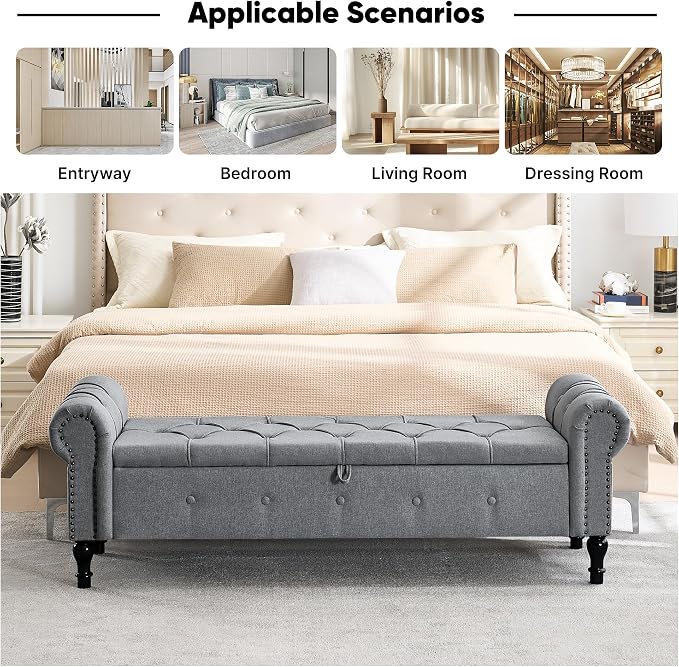 Storage Bench 67" Linen End of Bed Benches Grey | King Size Storage Bench for Bedroom with Rolled Arms Tufted Ottoman Benches Upholstered Bench for Living Room Entryway