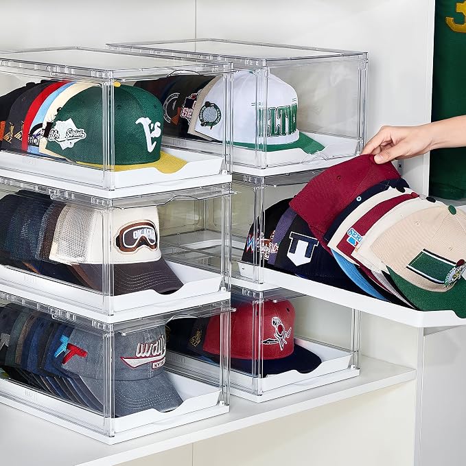 Vtopmart 6 Pack Stackable Baseball Caps Organizer, Each Holds 12 hats | with Sliding Drawer, Magnetic Door, Stackable, Transparent