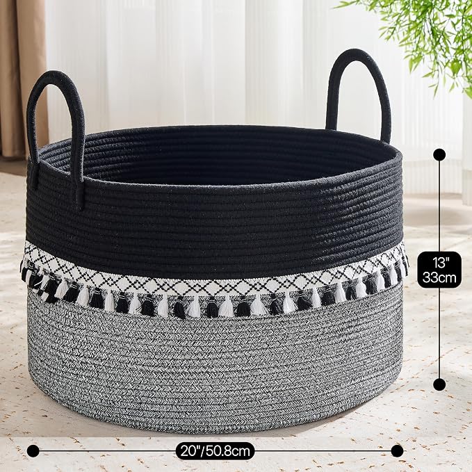 KAKAMAY Large Blanket Basket with Handles, Storage Basket for Living Room | Extra Large Capacity | Natural Cotton Rope | Blanket Storage | Woven Storage Basket | Stuffed Animal Storage | Laundry Basket