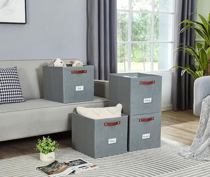 DECOMOMO Storage Bins, Cube Storage Bin with Labels | 13" x 13" x 13" Fabric Storage Cubes for Shelves (6pcs, Texture Grey)