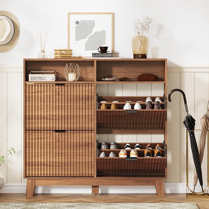 Shoe Cabinet Storage for Entryway with 4 Flip Drawers, Fluted Narrow Shoe Organizer with Wooden Legs & Top Cubby, Freestanding Slim Shoe Storage Hidden Shoe Rack for Front Door Entrance, Walnut