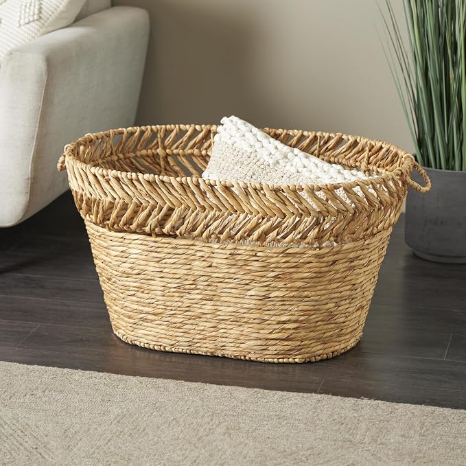 Deco 79 Seagrass Handmade Decorative and Functional Storage Basket Large Woven Oval Basket Organizer with Zig Zag Patterned Rim, Basket for Storage 30" x 20" x 17", Brown