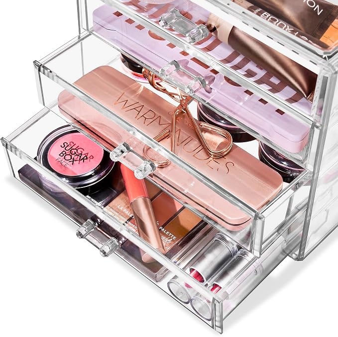 Sorbus Acrylic Makeup Organizer Set, 4-Drawer Vanity & Countertop Cosmetic Storage with Wide Drawers, Clear Makeup Storage for Brushes, Lipsticks, Jewelry – Holiday Gift for Women & Teens