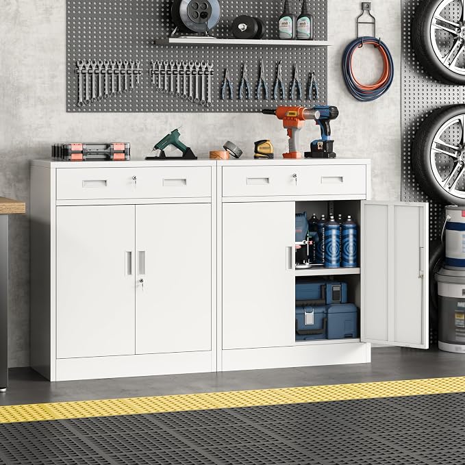 Metal Storage Cabinet, 36" Locking Cabinet with Adjustable Shelves for Garage, Office (White, 1 Drawer)
