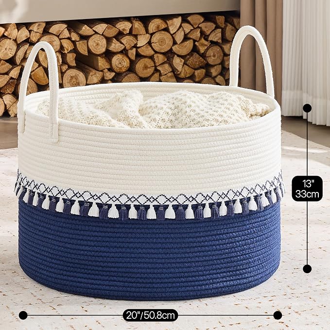 KAKAMAY Large Blanket Basket with Handles, Storage Basket for Living Room | Extra Large Capacity | Natural Cotton Rope | Blanket Storage | Woven Storage Basket | Stuffed Animal Storage | Laundry Basket