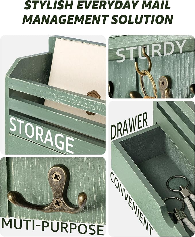 Rebee Vision Mail Organizer Wall Mount with Drawer for Home Decor, Green | Pine Wood, Key and Mail Holder for Wall, 7 Key Hooks, Drawer Organizer, Letter Sorter, Apartment Essential, Room Decor