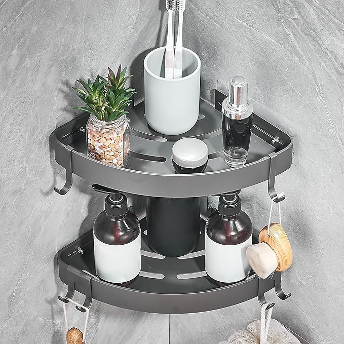 DUFU Adhesive Corner Shower Caddy with Hooks, Grey, 2 Pack | Bathroom Shower Organizer, No Drilling Rust Proof Aluminum Shower Shelf for Inside Shower