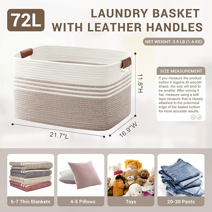 72L Large Woven Laundry Basket Hamper with Leather Handles,Brown | collapsible wicker hamper, storage for dirty clothes, toys, blankets, gifts, living room, bedroom, bathroom, 22"x17"x12"