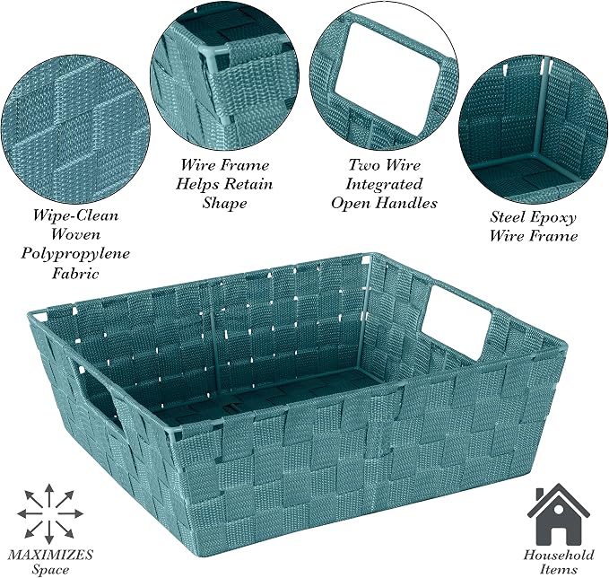 Simplify Large Shelf Woven Strap Tote | Decorative Storage Basket | Built in Handles | Organization | Closet | Bedroom | Bathroom | Nursery | Accessories | Toys | Gifts | 1 Pack | Sapphire