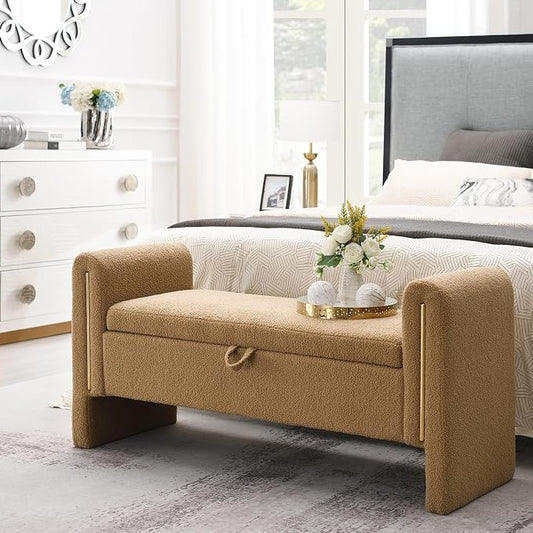 Christopher Knight Home Upholstered Storage Ottoman, Teddy Fabric Bench with Solid Wood Legs, Comfortable Foot Rest Stool, Storage Bench for Bedroom End of Bed, Living Room, Dining Room, Khaki