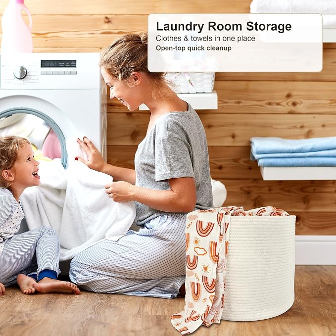 XUANGUO Cotton Rope Basket For Girls Boys Kids 16”X14” White | Baby Laundry Baskets, Blanket Basket, Nursery Bin; Round Woven Basket Organizer for Toy Storage, Blankets, Shoes and Clothes