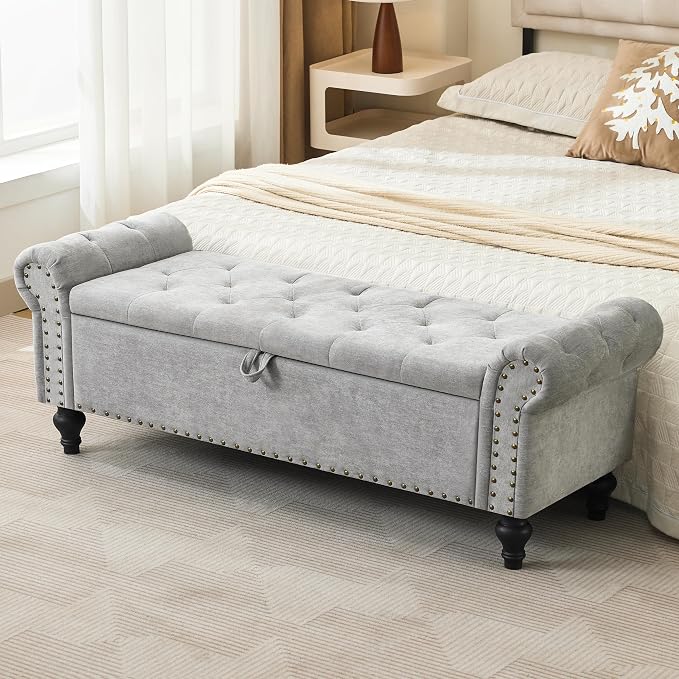 55" Storage Bench for Bedroom, Upholstered Ottoman Bench Chenille LightGray | End of Bed Bench for Bedroom, Window Benches for Living Room, Entryway, Ottoman with Large Storage Space, Pet Friendly