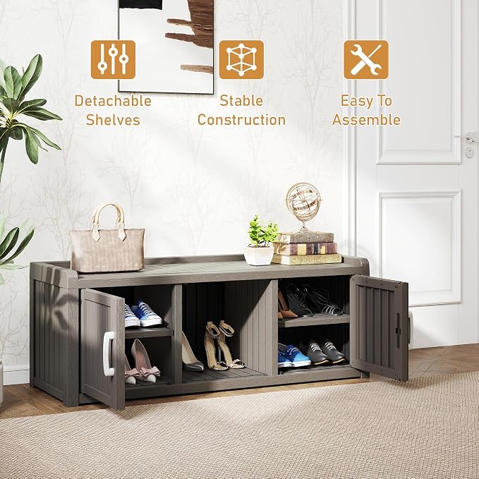 NUNU LAB Shoe Storage Cabinet, Waterproof Shoe Organizer with Adjustable Shelves, UV-Resistant Entryway Shoe Cabinet Bench with 2 Barn Doors for Indoor Outdoor, Foyer, Hallway, Living Room,Grey