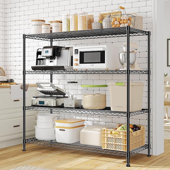 DurayLoly Extra-Wide 4-Tier 800LBS Storage Rack, Adjustable Shelves, Black | Heavy-duty Commercial steel, Tool-free assembly, Rustproof, 45"W x 13.5"D x 59.4"H, For kitchen garage pantry basement