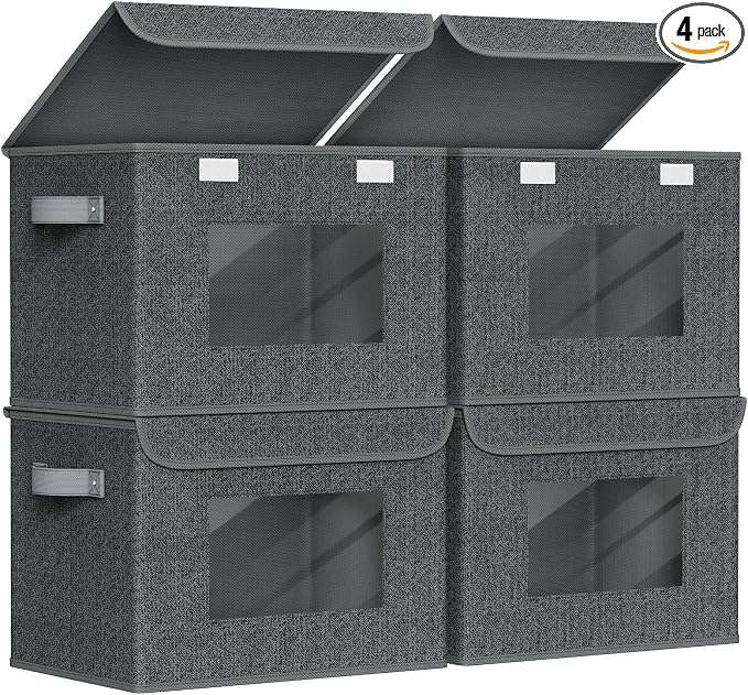 Univivi Fabric Foldable Storage Boxes with Lids, 4 Pack, Black | 17 x 12 x 12 In Large Storage Bins with lid & Carry Handles, Stackable Design Closet Storage Containers for Home Clothes