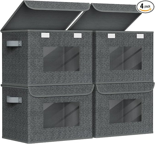 Univivi Fabric Foldable Storage Boxes with Lids, 4 Pack, Black | 17 x 12 x 12 In Large Storage Bins with lid & Carry Handles, Stackable Design Closet Storage Containers for Home Clothes