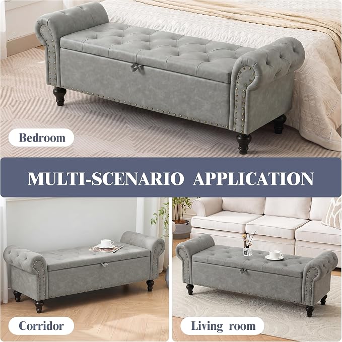 55" Storage Bench for Bedroom, Upholstered Ottoman Bench, Leather LightGray | End of Bed Bench for Bedroom, Window Benches for Living Room, Entryway, Ottoman with Large Storage Space, Pet Friendly