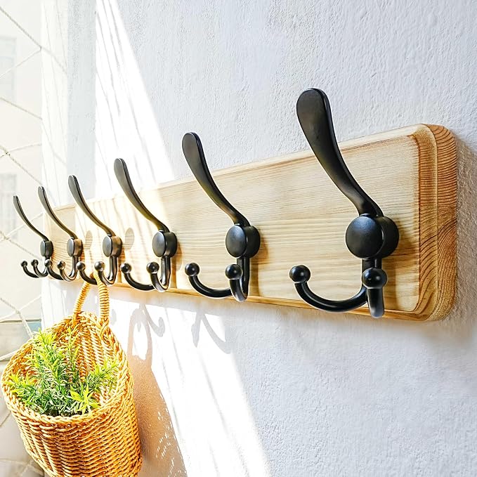 Coat Rack Wall Mounted - 24" Long 6 Tri Hooks, Heavy Duty Wooden Wall Coat Hanger Coat Hook for Clothes Hat Jacket Clothing, Weathered Light Natural and Black, Pack of 2