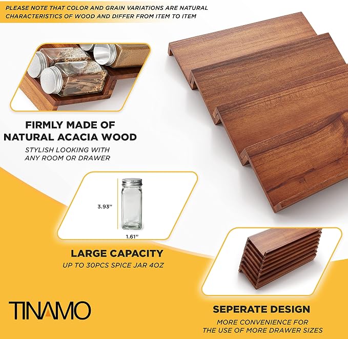 Tinamo Acacia Wooden Spice Rack Organizer for Cabinet - Spice Drawer Insert, Spice Organization for Cabinet, Seasoning Organizer, Spice Holder Pack of 4 (Acacia pack 4) | Acacia Wood Construction, No assembly Required, Stackable 4-tray Design, Spacious...
