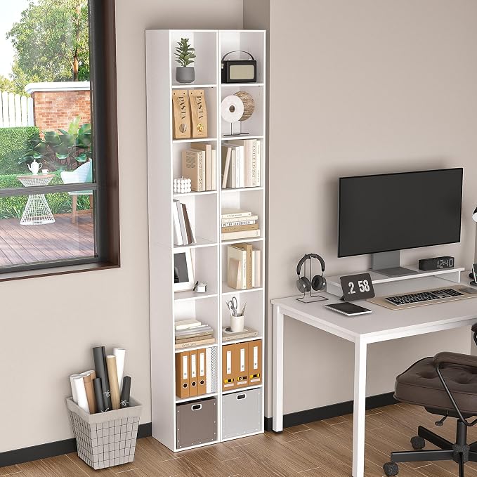 8-Cube Storage Organizer Bookcase, White, Tall Narrow Bookshelf for Home Office (White)