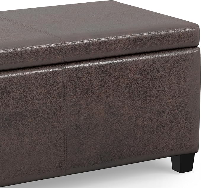 SIMPLIHOME Avalon Storage Ottoman Bench - 48" Wide x 16" High Upholstered Vegan Leather Rectangular Lift-Top Ottoman in Distressed Brown, Contemporary Bench for Living Room with High-Density Foam