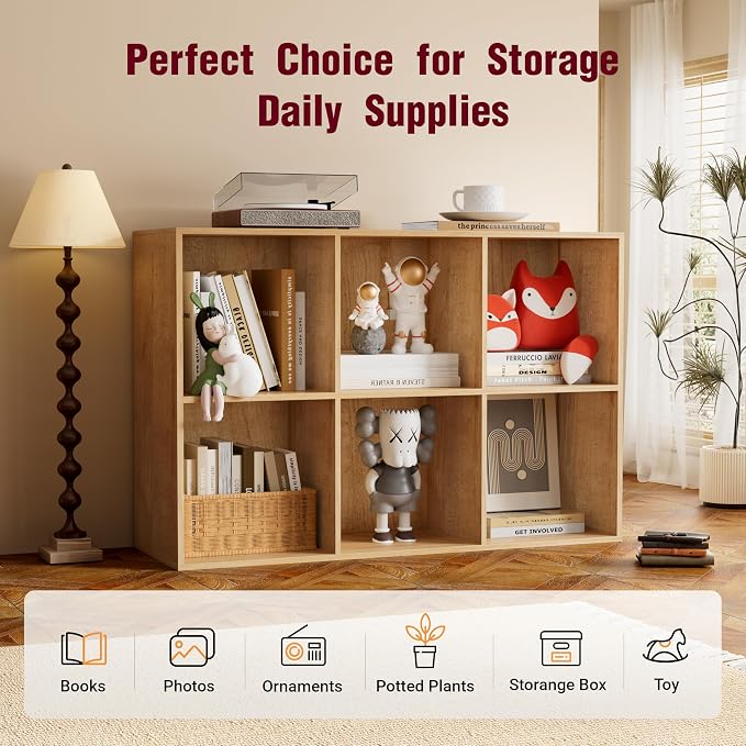 Book Shelf, Wooden Cube Storage Organizer with 11" Open Cubes, Stackable Modular Bookcase for Room Divider Storage, 2 Tier Bookshelf for Living Room, Bedroom, Office (Oak, 6-Cube)