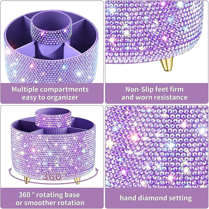fanado Bling 360° Rotate Makeup Brush Holder Organizer, Makeup Organizers Countertop, Makeup organization and Skincare Storage for Vanity, Gift for Women Girls (Bling dz-Purple)