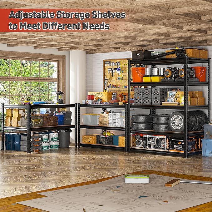 REIBII 2400LBS Storage Shelves 5 Tier Garage Shelving Heavy Duty, Adjustable Metal Shelving, Garage Shelves for Basement, Warehouse, Pantry, Closet, Kitchen 72" H x 36" W x 16" D, Black, 4 Pack