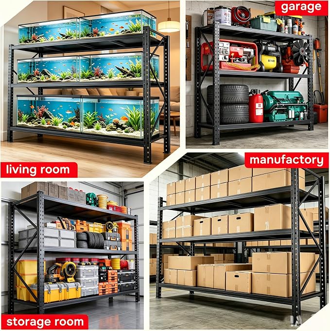 67” W Storage Shelves Heavy Duty 5000Lbs Adjustable Metal Garage Shelving Unit Rack Metal Storage Shelf for Heavy Tools and Equipment, Ideal for Garage, Basement, Black, 67" W X 20" D X 63" H