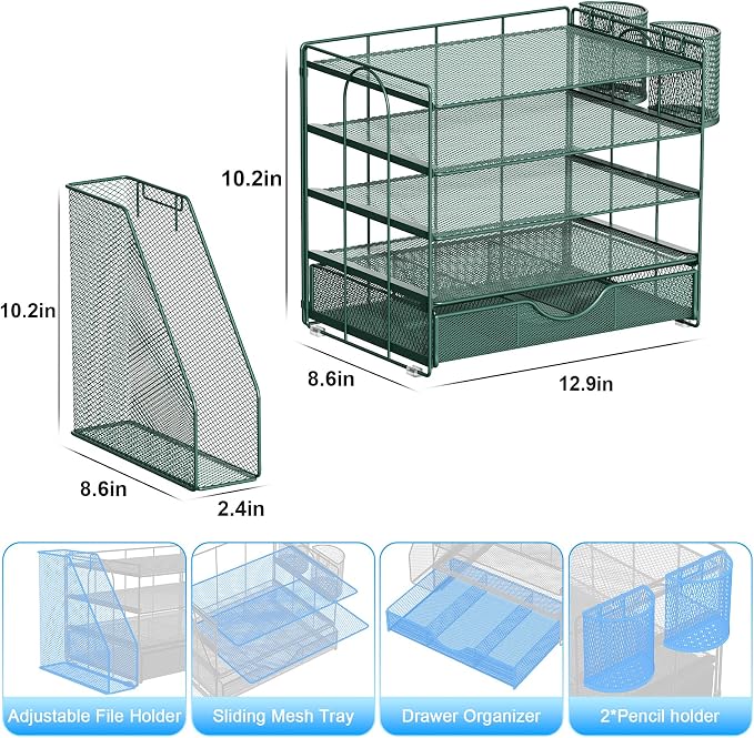 gianotter 5-Tier Desk Organizer with Drawers and File Holders | Letter Trays and Pen Holders - Workspace Accessories for Office Supplies (Green)