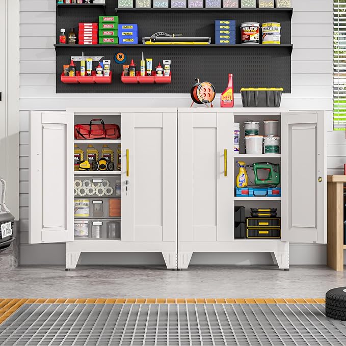 GAIOUS 36" White Floor Storage Cabinet, Locked Metal Storage Cabinets with 2 Doors and 2 Adjustable Shelves, Sideboard Buffet Cabient, Freestanding Cabinet for Home/Office/Garage/Tool Room/Bathroom